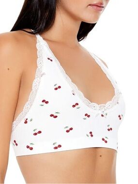 White Cherry-Print Lace Trim Bralette